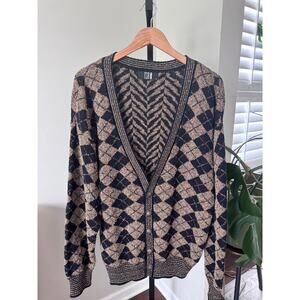 Vintage Grandpacore Argyle V Neck Cardigan Sweater Knit Black Tan Cottagecore